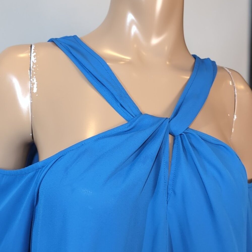 Halston Blue Cold Shoulder Blouse Womens Size XL Long Sleeve Twist Halter Top - Picture 4 of 14